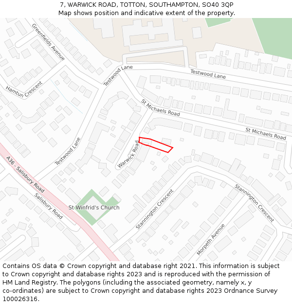 7, WARWICK ROAD, TOTTON, SOUTHAMPTON, SO40 3QP: Location map and indicative extent of plot