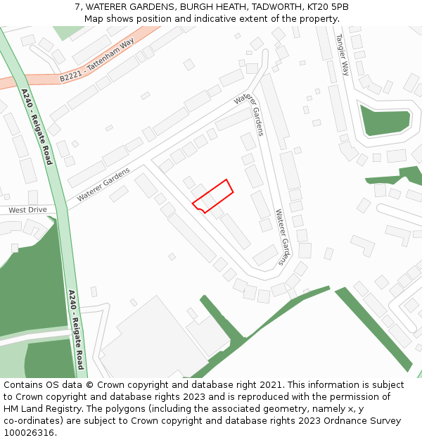 7, WATERER GARDENS, BURGH HEATH, TADWORTH, KT20 5PB: Location map and indicative extent of plot