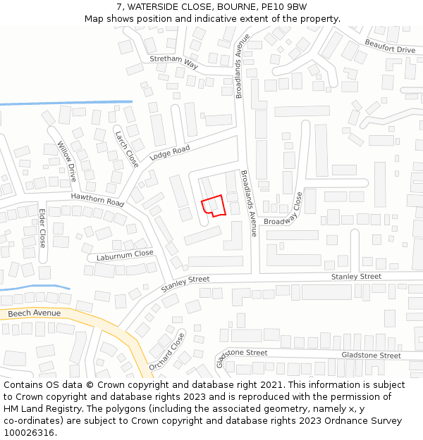 7, WATERSIDE CLOSE, BOURNE, PE10 9BW: Location map and indicative extent of plot