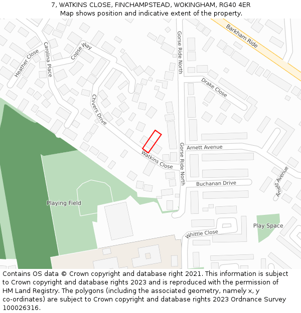 7, WATKINS CLOSE, FINCHAMPSTEAD, WOKINGHAM, RG40 4ER: Location map and indicative extent of plot