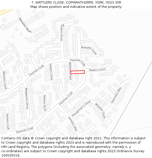 7, WATTLERS CLOSE, COPMANTHORPE, YORK, YO23 3XR: Location map and indicative extent of plot