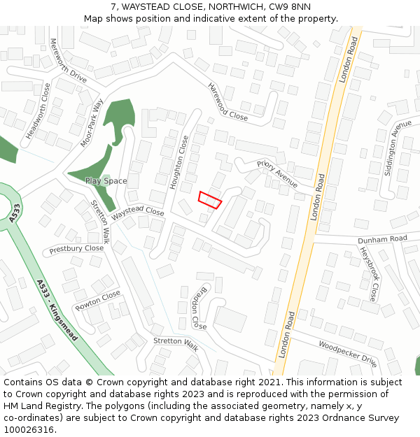7, WAYSTEAD CLOSE, NORTHWICH, CW9 8NN: Location map and indicative extent of plot