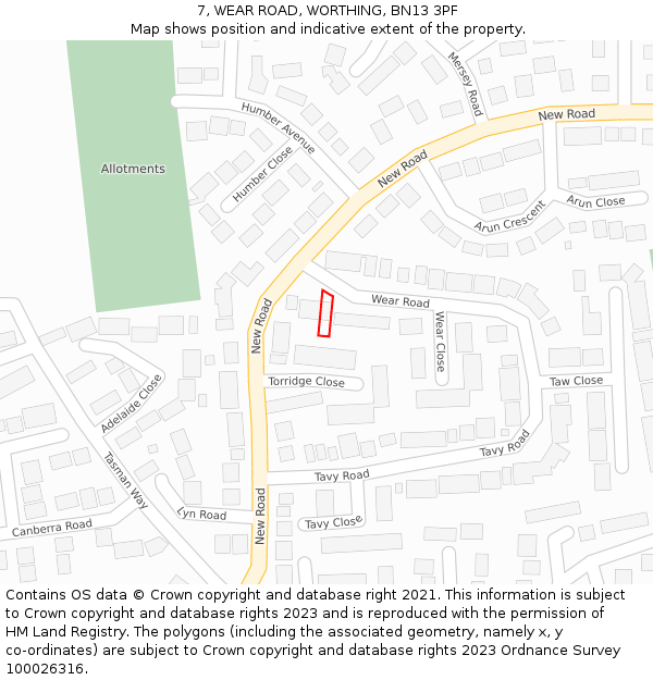 7, WEAR ROAD, WORTHING, BN13 3PF: Location map and indicative extent of plot