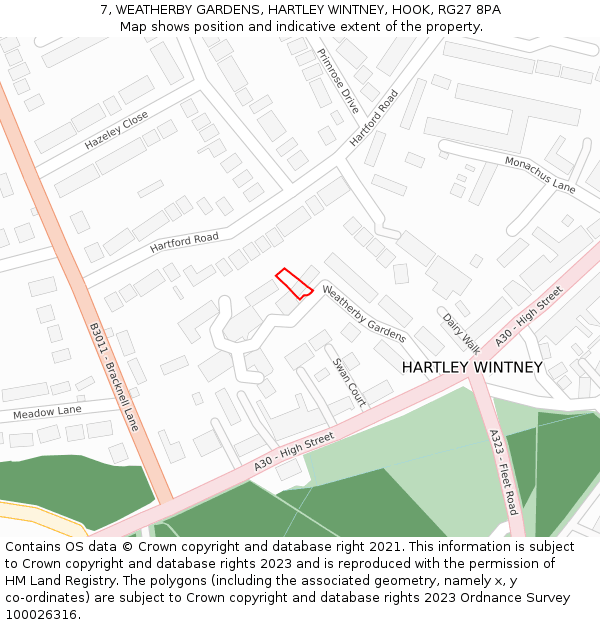 7, WEATHERBY GARDENS, HARTLEY WINTNEY, HOOK, RG27 8PA: Location map and indicative extent of plot