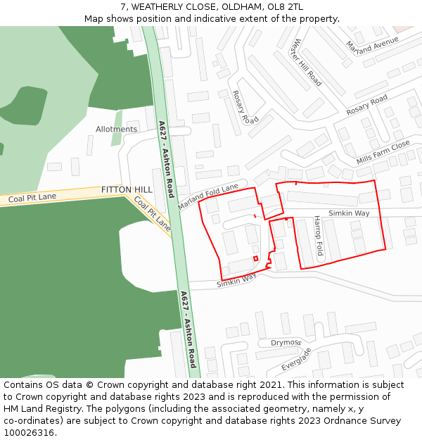 7, WEATHERLY CLOSE, OLDHAM, OL8 2TL: Location map and indicative extent of plot