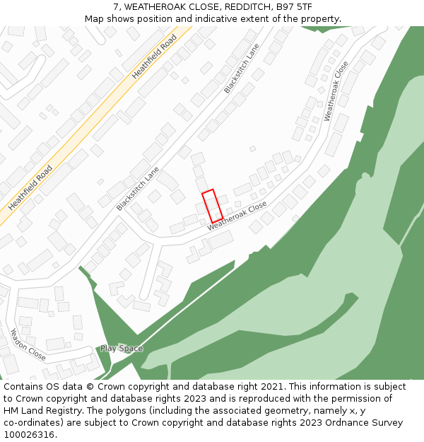 7, WEATHEROAK CLOSE, REDDITCH, B97 5TF: Location map and indicative extent of plot