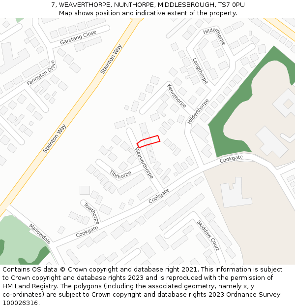 7, WEAVERTHORPE, NUNTHORPE, MIDDLESBROUGH, TS7 0PU: Location map and indicative extent of plot