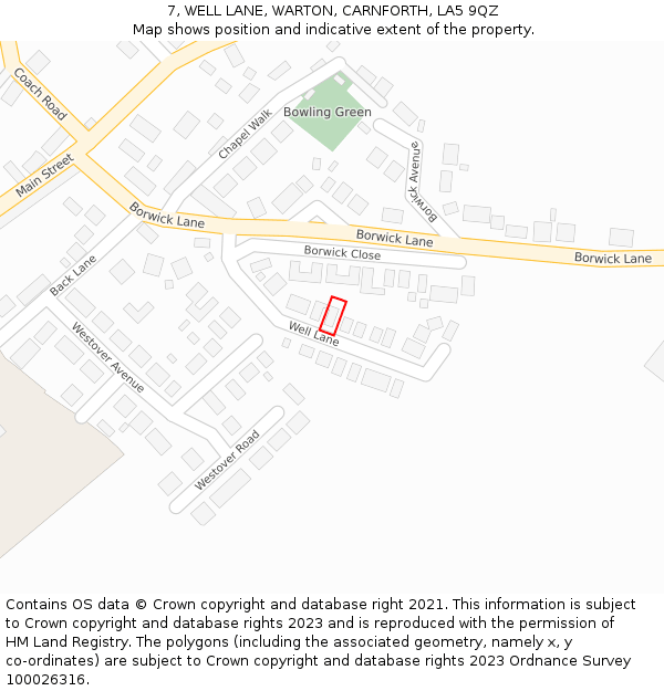 7, WELL LANE, WARTON, CARNFORTH, LA5 9QZ: Location map and indicative extent of plot