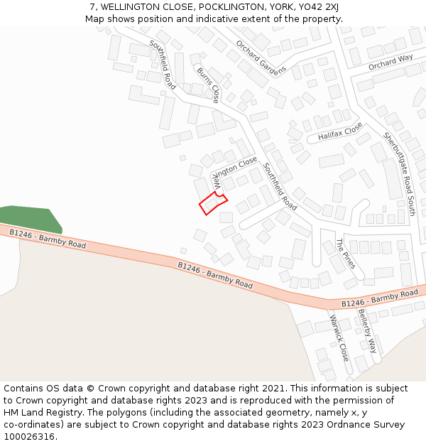 7, WELLINGTON CLOSE, POCKLINGTON, YORK, YO42 2XJ: Location map and indicative extent of plot