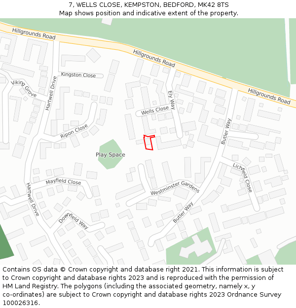 7, WELLS CLOSE, KEMPSTON, BEDFORD, MK42 8TS: Location map and indicative extent of plot