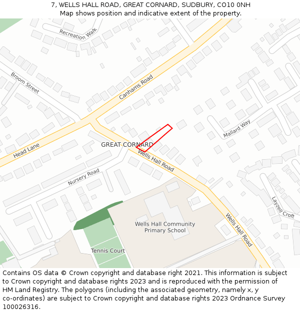 7, WELLS HALL ROAD, GREAT CORNARD, SUDBURY, CO10 0NH: Location map and indicative extent of plot