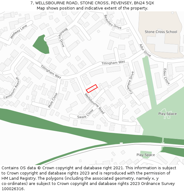 7, WELLSBOURNE ROAD, STONE CROSS, PEVENSEY, BN24 5QX: Location map and indicative extent of plot