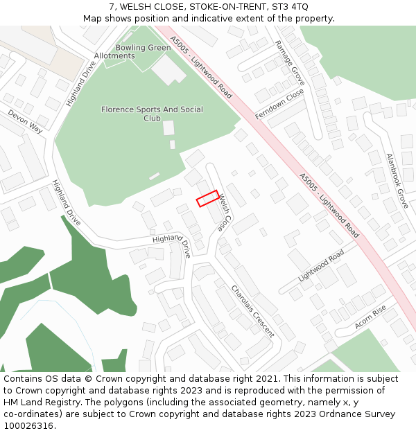 7, WELSH CLOSE, STOKE-ON-TRENT, ST3 4TQ: Location map and indicative extent of plot