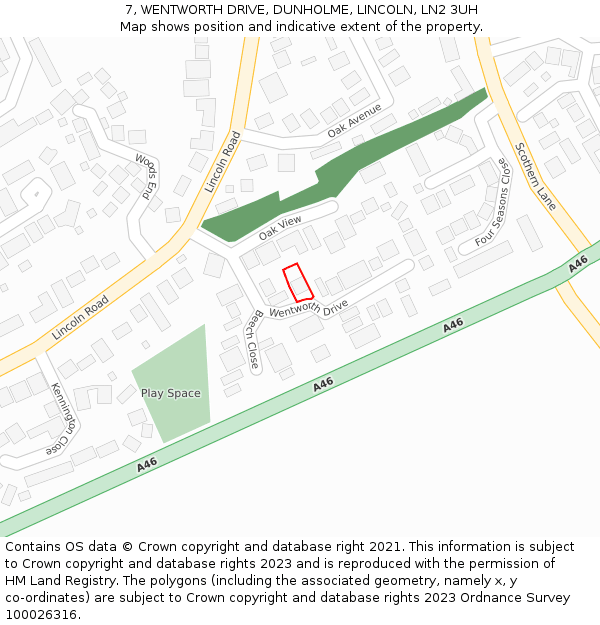 7, WENTWORTH DRIVE, DUNHOLME, LINCOLN, LN2 3UH: Location map and indicative extent of plot