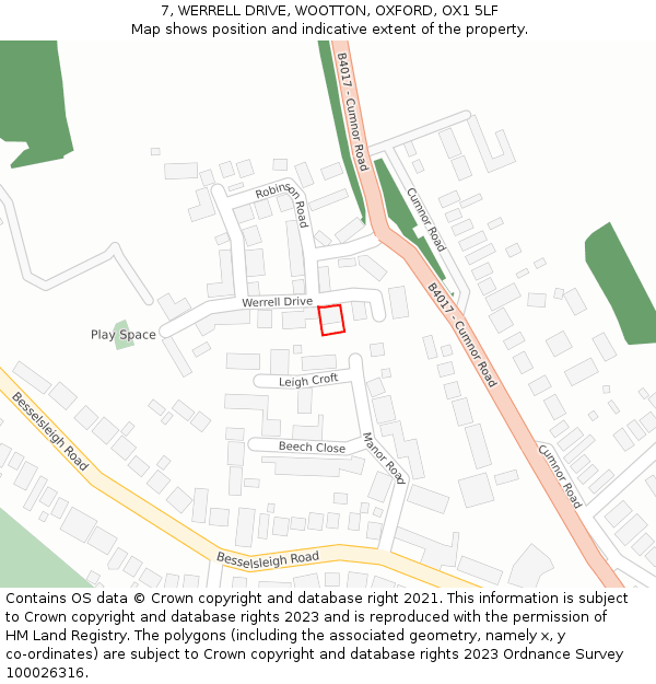 7, WERRELL DRIVE, WOOTTON, OXFORD, OX1 5LF: Location map and indicative extent of plot