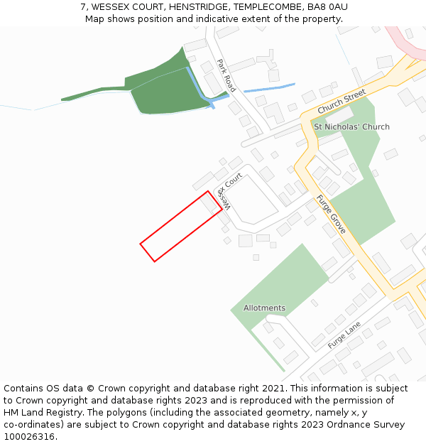 7, WESSEX COURT, HENSTRIDGE, TEMPLECOMBE, BA8 0AU: Location map and indicative extent of plot