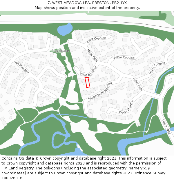 7, WEST MEADOW, LEA, PRESTON, PR2 1YX: Location map and indicative extent of plot