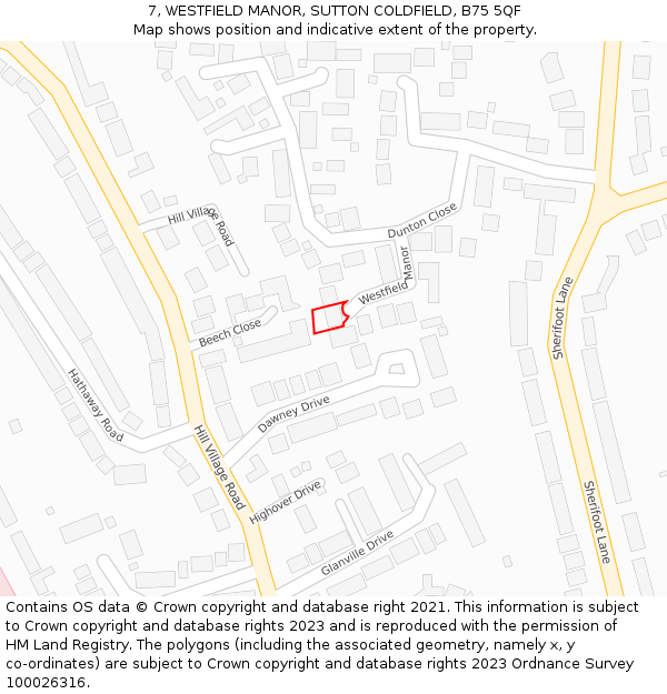 7, WESTFIELD MANOR, SUTTON COLDFIELD, B75 5QF: Location map and indicative extent of plot