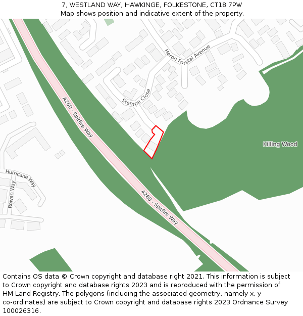 7, WESTLAND WAY, HAWKINGE, FOLKESTONE, CT18 7PW: Location map and indicative extent of plot