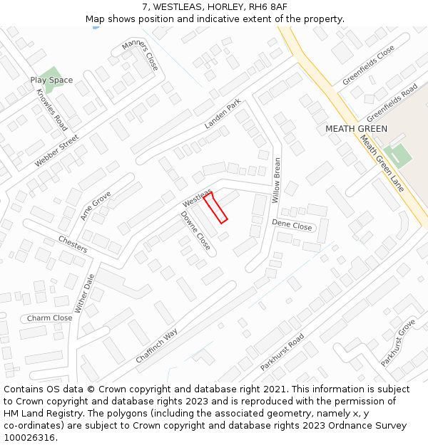 7, WESTLEAS, HORLEY, RH6 8AF: Location map and indicative extent of plot