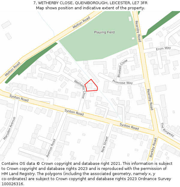 7, WETHERBY CLOSE, QUENIBOROUGH, LEICESTER, LE7 3FR: Location map and indicative extent of plot