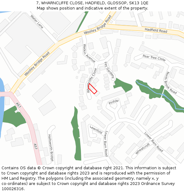 7, WHARNCLIFFE CLOSE, HADFIELD, GLOSSOP, SK13 1QE: Location map and indicative extent of plot