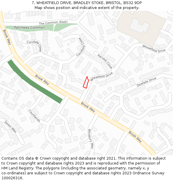 7, WHEATFIELD DRIVE, BRADLEY STOKE, BRISTOL, BS32 9DP: Location map and indicative extent of plot