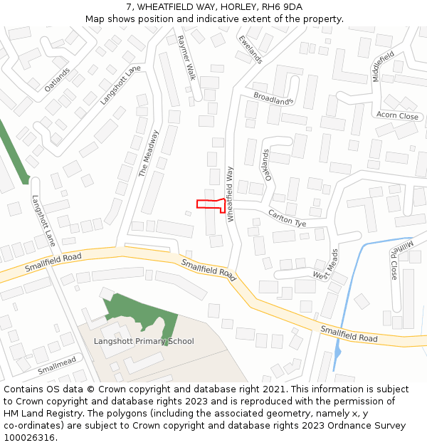 7, WHEATFIELD WAY, HORLEY, RH6 9DA: Location map and indicative extent of plot