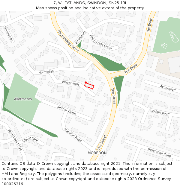 7, WHEATLANDS, SWINDON, SN25 1RL: Location map and indicative extent of plot