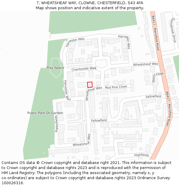 7, WHEATSHEAF WAY, CLOWNE, CHESTERFIELD, S43 4FA: Location map and indicative extent of plot
