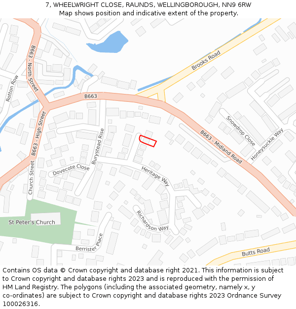7, WHEELWRIGHT CLOSE, RAUNDS, WELLINGBOROUGH, NN9 6RW: Location map and indicative extent of plot