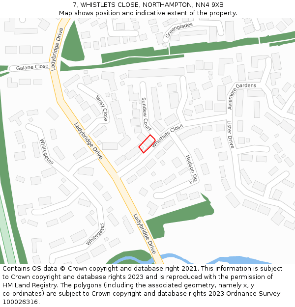 7, WHISTLETS CLOSE, NORTHAMPTON, NN4 9XB: Location map and indicative extent of plot