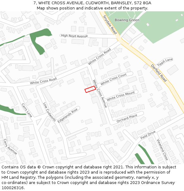 7, WHITE CROSS AVENUE, CUDWORTH, BARNSLEY, S72 8GA: Location map and indicative extent of plot
