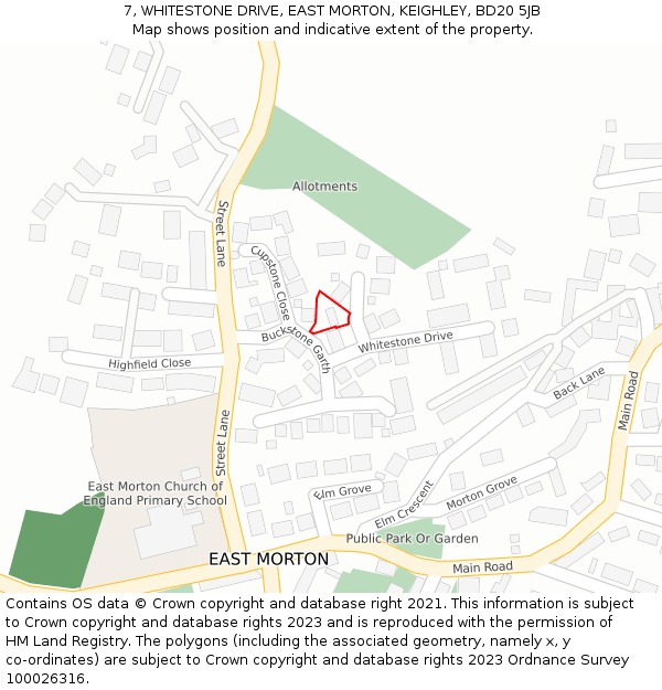 7, WHITESTONE DRIVE, EAST MORTON, KEIGHLEY, BD20 5JB: Location map and indicative extent of plot