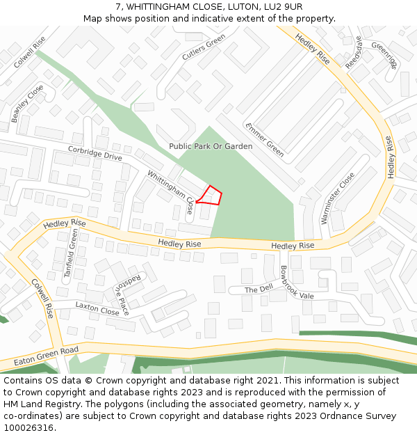 7, WHITTINGHAM CLOSE, LUTON, LU2 9UR: Location map and indicative extent of plot