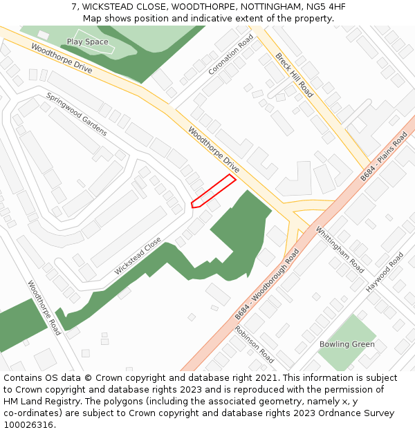 7, WICKSTEAD CLOSE, WOODTHORPE, NOTTINGHAM, NG5 4HF: Location map and indicative extent of plot