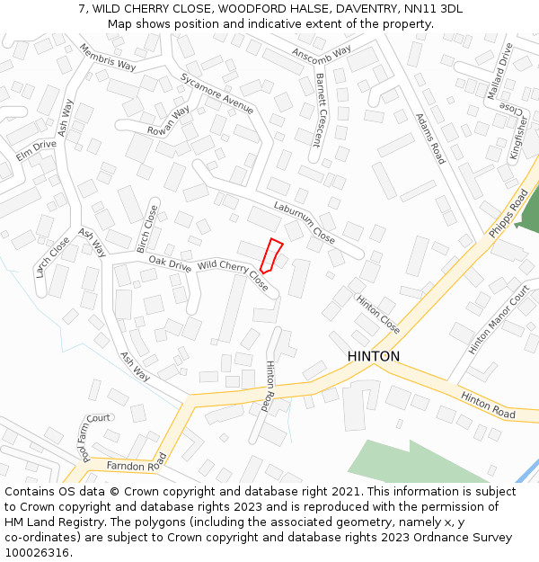 7, WILD CHERRY CLOSE, WOODFORD HALSE, DAVENTRY, NN11 3DL: Location map and indicative extent of plot