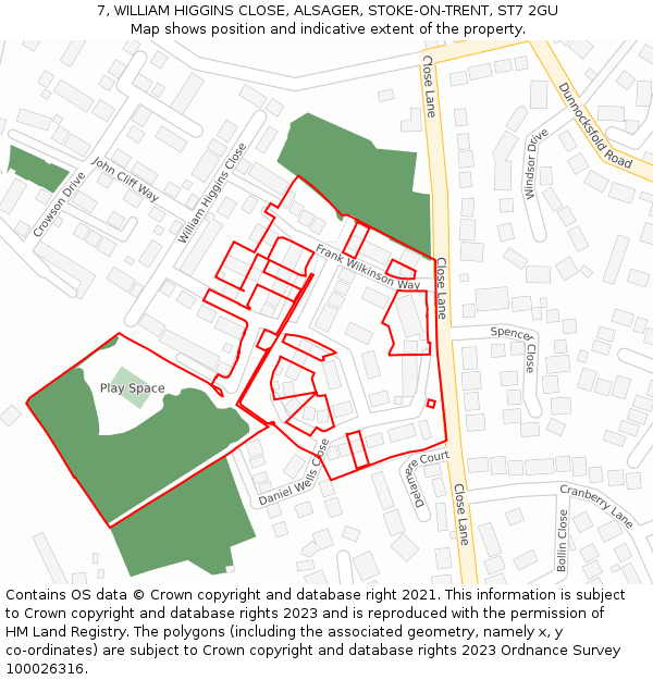 7, WILLIAM HIGGINS CLOSE, ALSAGER, STOKE-ON-TRENT, ST7 2GU: Location map and indicative extent of plot