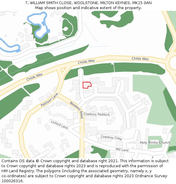 7, WILLIAM SMITH CLOSE, WOOLSTONE, MILTON KEYNES, MK15 0AN: Location map and indicative extent of plot