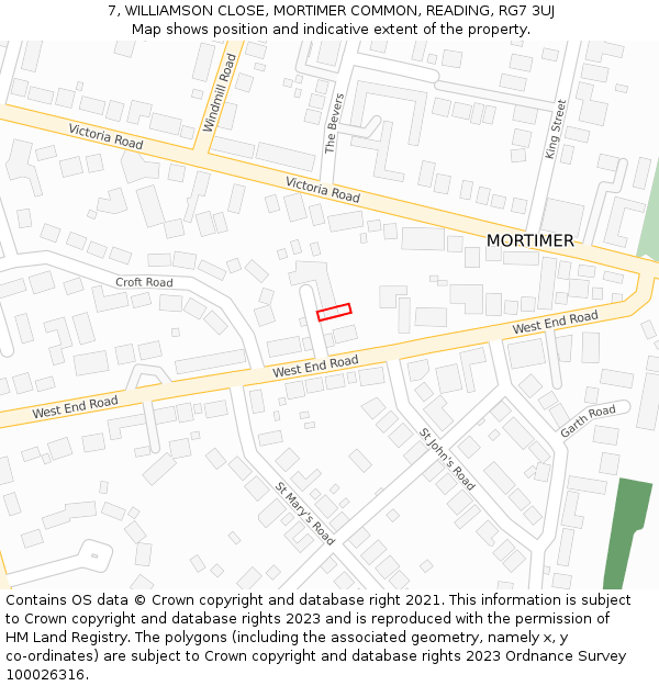 7, WILLIAMSON CLOSE, MORTIMER COMMON, READING, RG7 3UJ: Location map and indicative extent of plot