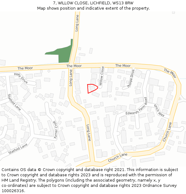 7, WILLOW CLOSE, LICHFIELD, WS13 8RW: Location map and indicative extent of plot