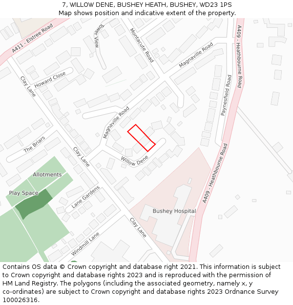 7, WILLOW DENE, BUSHEY HEATH, BUSHEY, WD23 1PS: Location map and indicative extent of plot