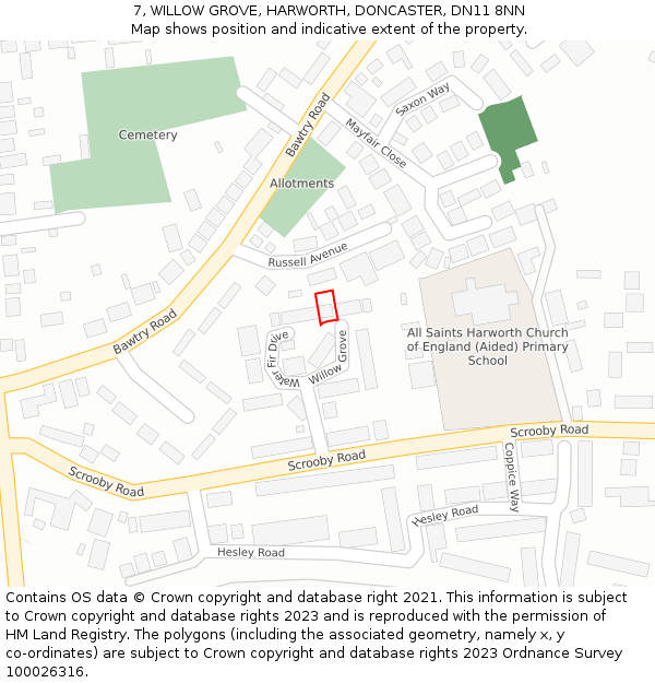7, WILLOW GROVE, HARWORTH, DONCASTER, DN11 8NN: Location map and indicative extent of plot