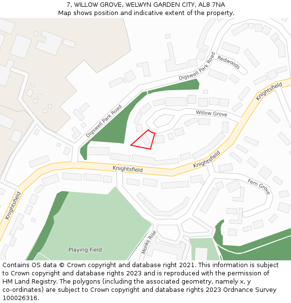 7, WILLOW GROVE, WELWYN GARDEN CITY, AL8 7NA: Location map and indicative extent of plot