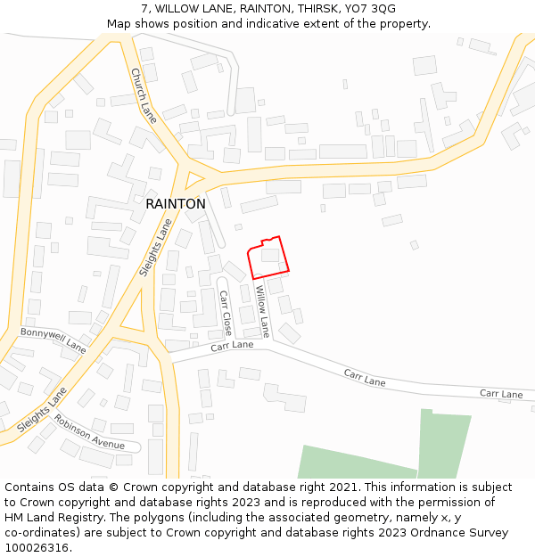 7, WILLOW LANE, RAINTON, THIRSK, YO7 3QG: Location map and indicative extent of plot