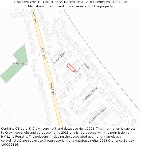 7, WILLOW POOLE LANE, SUTTON BONINGTON, LOUGHBOROUGH, LE12 5NN: Location map and indicative extent of plot