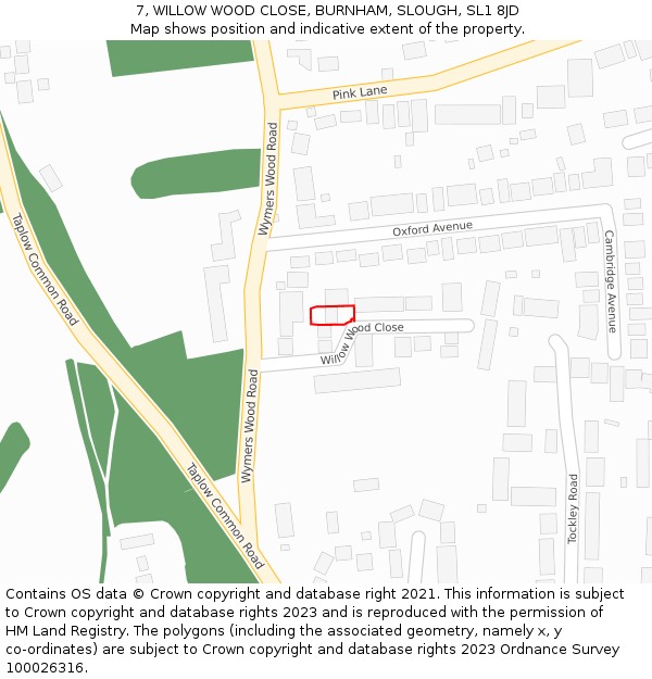 7, WILLOW WOOD CLOSE, BURNHAM, SLOUGH, SL1 8JD: Location map and indicative extent of plot