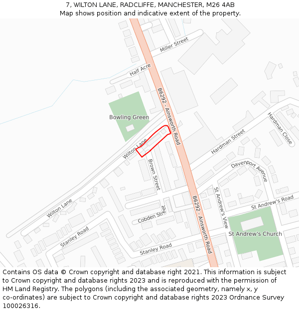 7, WILTON LANE, RADCLIFFE, MANCHESTER, M26 4AB: Location map and indicative extent of plot