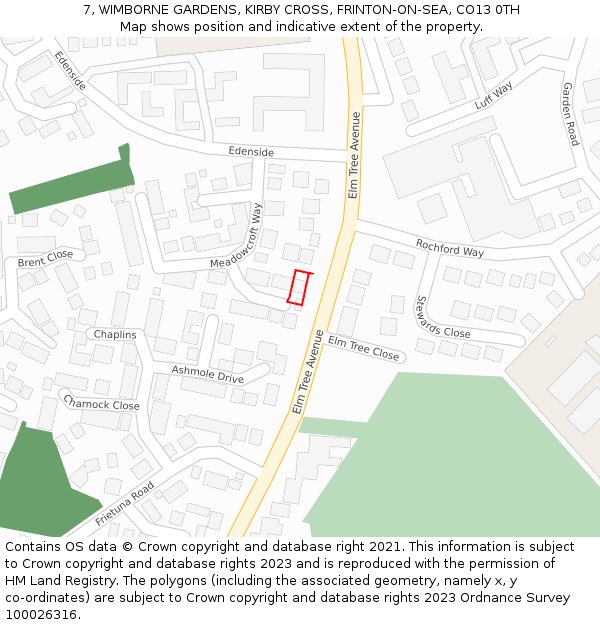 7, WIMBORNE GARDENS, KIRBY CROSS, FRINTON-ON-SEA, CO13 0TH: Location map and indicative extent of plot