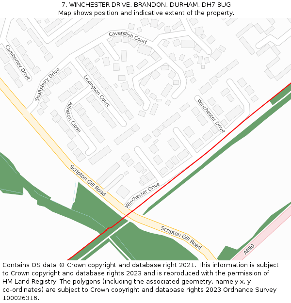 7, WINCHESTER DRIVE, BRANDON, DURHAM, DH7 8UG: Location map and indicative extent of plot